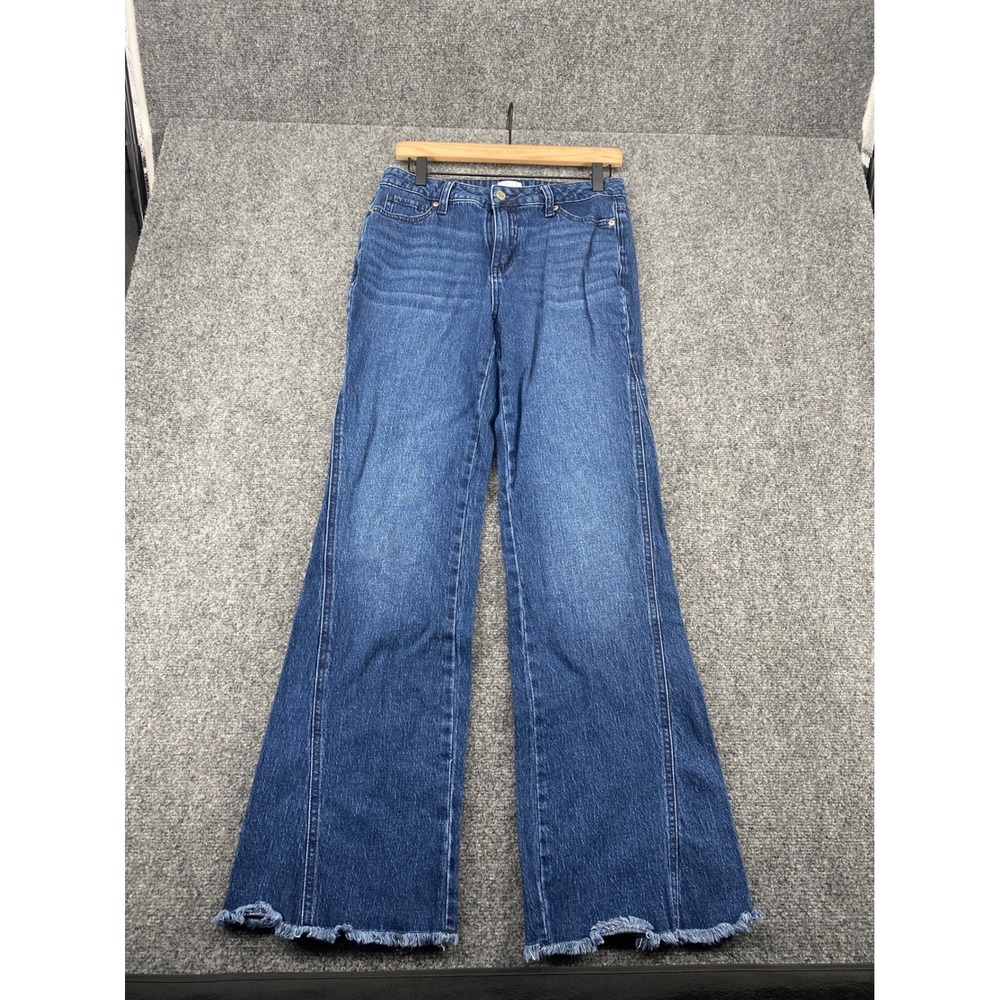 Time and Tru Wide Leg Jeans Womens 6 Blue Medium Wash Raw Frayed Hem High Rise